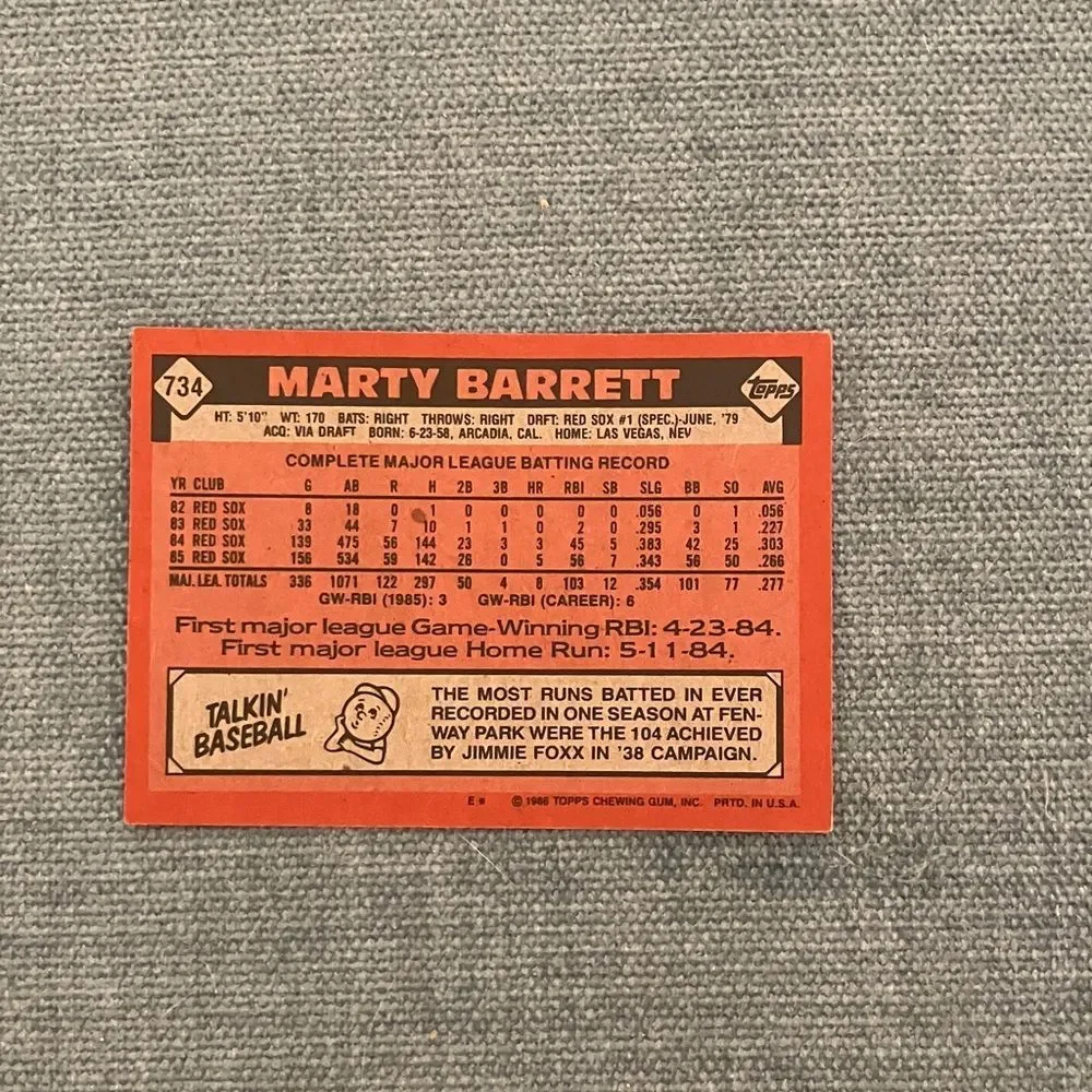 1986 Topps Boston Red Sox Baseball Card